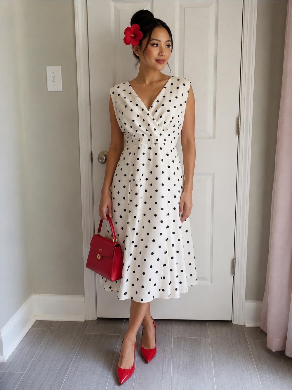 Evan Picone White Midi Dress with Black Polka Dots NWT 10